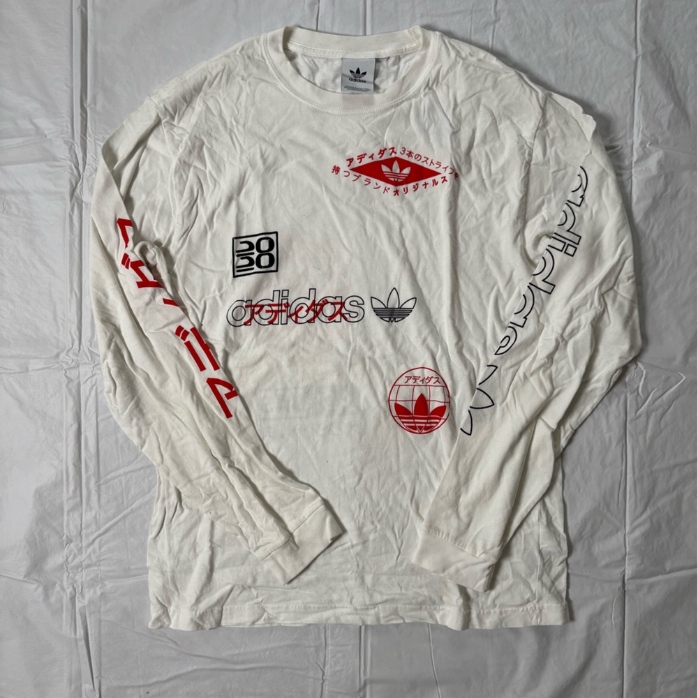 adidas White and Red Graphic Long Sleeve Tee